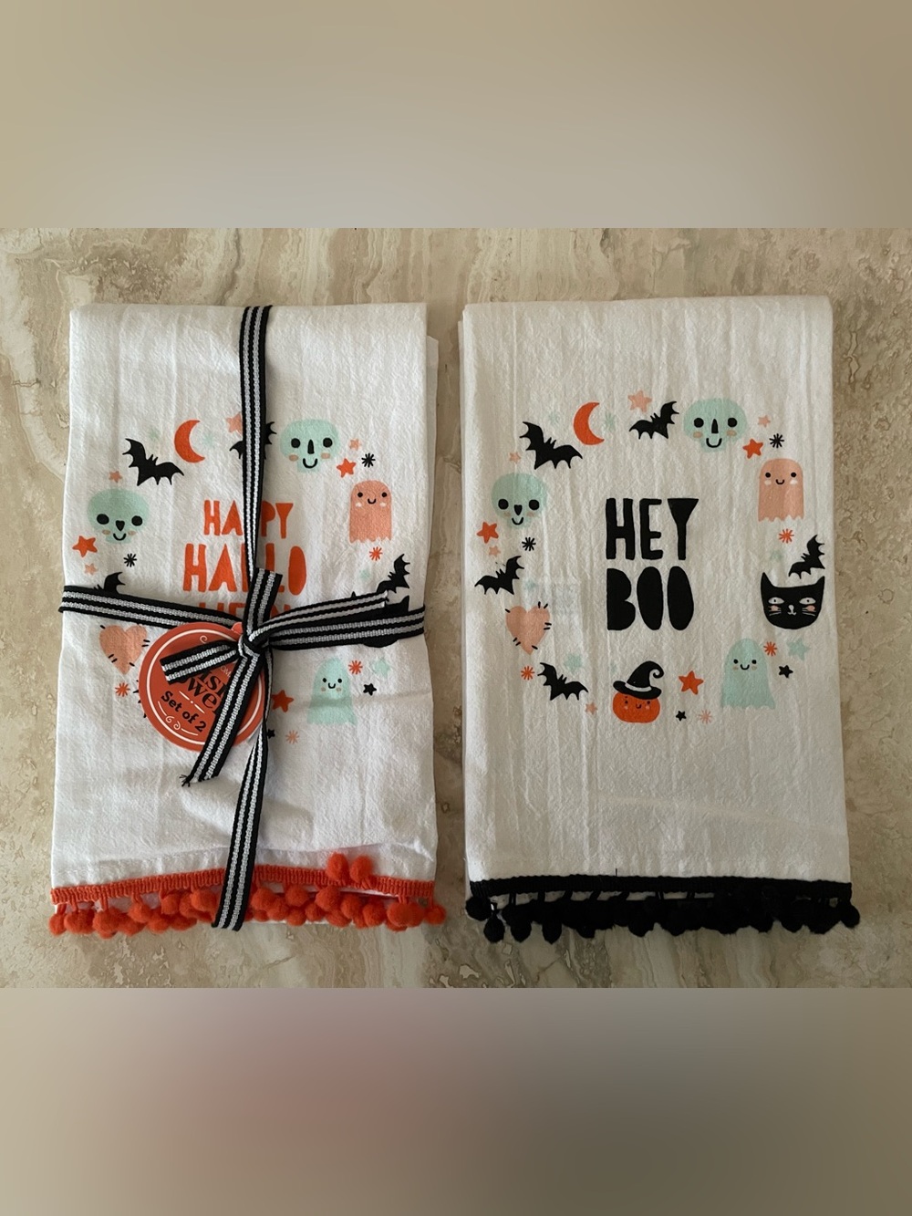 NWT Set of 2 Halloween White Cotton Kitchen Dish Towels with Fringe